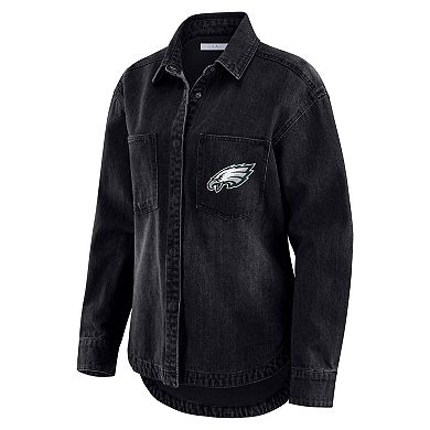 Women's WEAR by Erin Andrews Black Philadelphia Eagles Washed Oversized Denim Full-Snap Shacket
