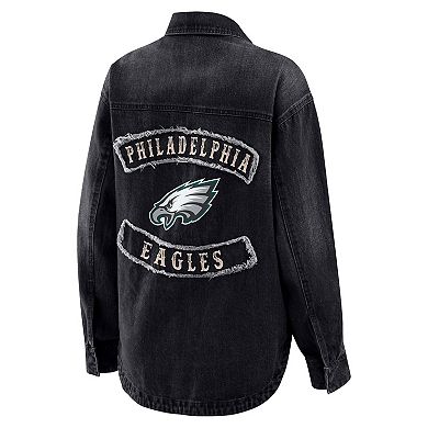 Women's WEAR by Erin Andrews Black Philadelphia Eagles Washed Oversized Denim Full-Snap Shacket