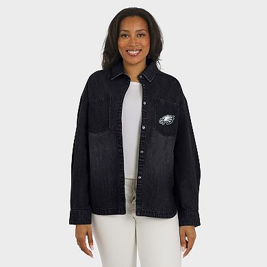 Women's WEAR by Erin Andrews Black Philadelphia Eagles Washed Oversized Denim Full-Snap Shacket