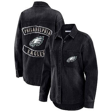 Women's WEAR by Erin Andrews Black Philadelphia Eagles Washed Oversized Denim Full-Snap Shacket