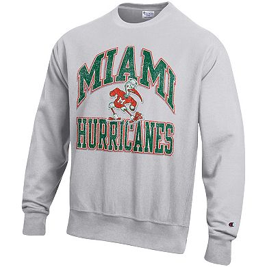 Men's Champion Gray Miami Hurricanes Distressed Arch Over Logo Reverse Weave Crew Neck Sweatshirt