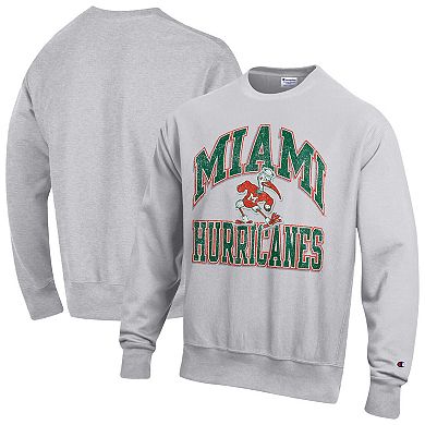 Men's Champion Gray Miami Hurricanes Distressed Arch Over Logo Reverse Weave Crew Neck Sweatshirt