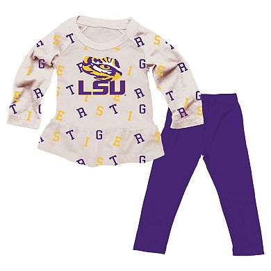 Girls Infant Wes & Willy Oatmeal LSU Tigers Ruffle Raglan Long Sleeve T-Shirt & Leggings Set