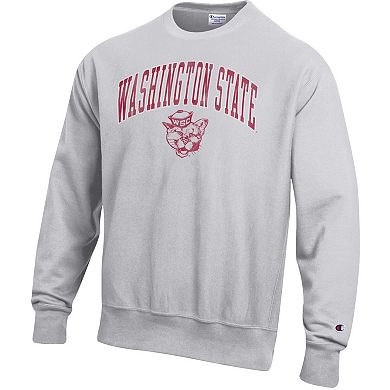 Men's Champion Gray Washington State Cougars Distressed Arch Over Logo Reverse Weave Crew Neck Sweatshirt