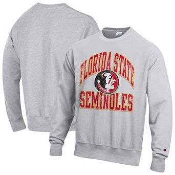 Men's Champion Gray Florida State Seminoles Distressed Arch Over Logo Reverse Weave Crew Neck Sweatshirt