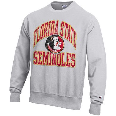 Men's Champion Gray Florida State Seminoles Distressed Arch Over Logo Reverse Weave Crew Neck Sweatshirt