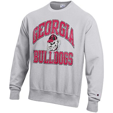 Men's Champion Gray Georgia Bulldogs Distressed Arch Over Logo Reverse Weave Crew Neck Sweatshirt