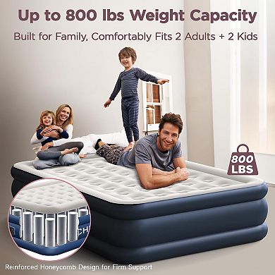 Queen Air Mattress, 18" High Built-in Pump, 800 lb Support, 3-Min Inflate, Leak-Tested Bed