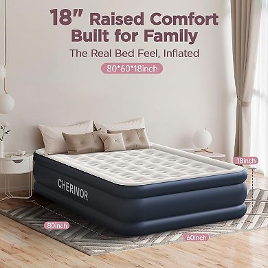 Queen Air Mattress, 18" High Built-in Pump, 800 lb Support, 3-Min Inflate, Leak-Tested Bed