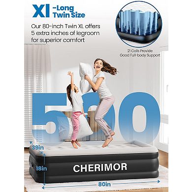 Cherimor, Twin XL Air Mattress, 18" High, Built-in Pump, Leak-Tested, Fast Inflate, 500 lb Support