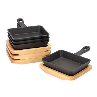 4 pc Mini Cast Iron Square Pan with Wood Tray