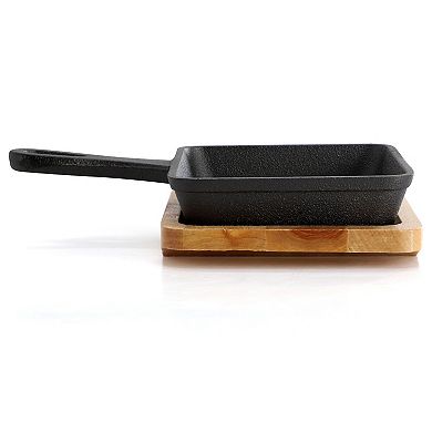 4 Piece Mini Cast Iron Square Pan with Wood Tray