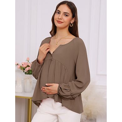 Women's Maternity High Low Tops Long Lantern Sleeve Boho Babydoll Ruffled Flowy Pregnancy Blouse