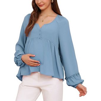 Women's Maternity High Low Tops Long Lantern Sleeve Boho Babydoll Ruffled Flowy Pregnancy Blouse