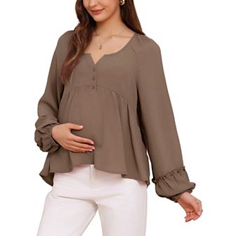 Women's Maternity High Low Tops Long Lantern Sleeve Boho Babydoll Ruffled Flowy Pregnancy Blouse