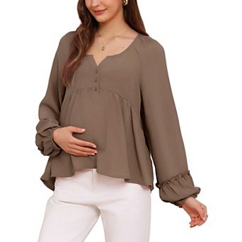 Women's Maternity High Low Tops Long Lantern Sleeve Boho Babydoll Ruffled Flowy Pregnancy Blouse