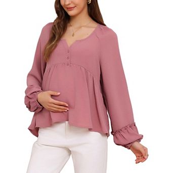 Women's Maternity High Low Tops Long Lantern Sleeve Boho Babydoll Ruffled Flowy Pregnancy Blouse