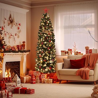 6/7.5/9/12Ft Pencil Christmas Tree - Dual-Color LED, Flocked PVC, Holiday Decoration