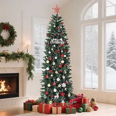 6/7.5/9/12Ft Pencil Christmas Tree - Dual-Color LED, Flocked PVC, Holiday Decoration