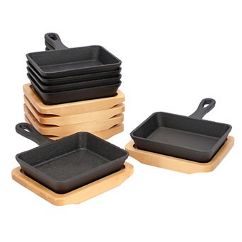 6 pc Mini Cast Iron Square Pan with Wood Tray