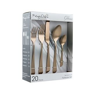 Gibbous 20 pc Flatware Set, Stainless Steel Silverware Metal Service for 4 in Rose Gold Matte