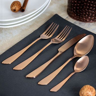 Gibbous 20 Piece Flatware Set, Stainless Steel Silverware Metal Service for 4 in Rose Gold Matte