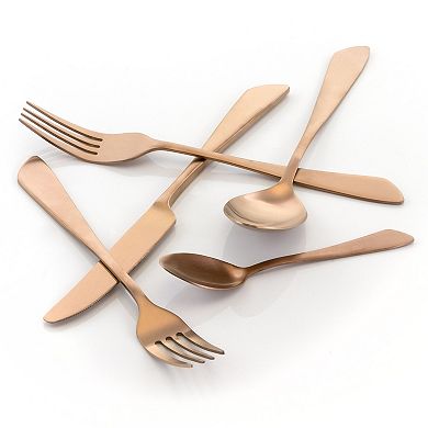 Gibbous 20 Piece Flatware Set, Stainless Steel Silverware Metal Service for 4 in Rose Gold Matte