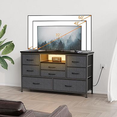 55 Inch 8-Drawer LED Dresser TV Stand with Power Outlet & 22 Light Modes, Wood Top