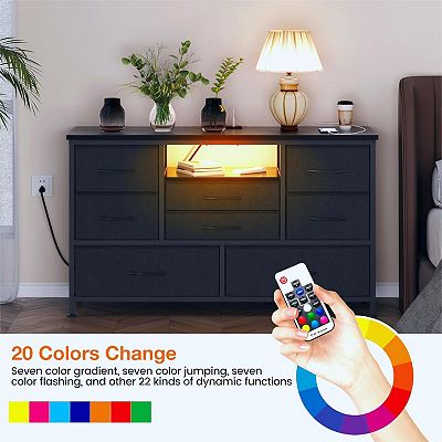 55 Inch 8-Drawer LED Dresser TV Stand with Power Outlet & 22 Light Modes,  Wood Top,Black