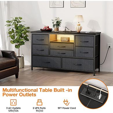 55 Inch 8-Drawer LED Dresser TV Stand with Power Outlet & 22 Light Modes, Wood Top