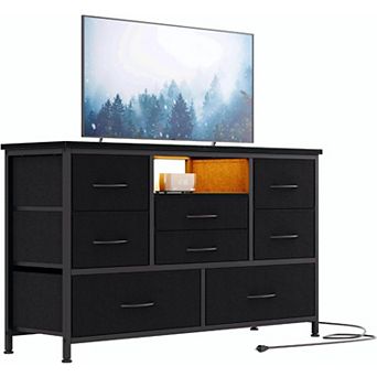 55 Inch 8-Drawer LED Dresser TV Stand with Power Outlet & 22 Light Modes, Wood Top,Black