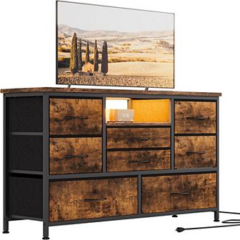 55 Inch 8-Drawer LED Dresser TV Stand with Power Outlet & 22 Light Modes, Wood Top