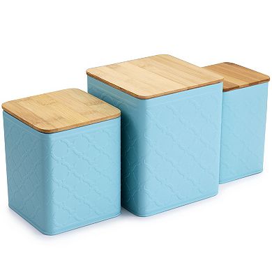 Megachef Pro 3 Piece Square Iron Kitchen Canister Set with Bamboo Lids in Turquoise