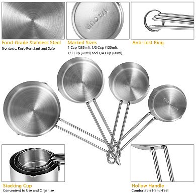 4Pcs Stainless Steel Measuring Cups and Spoons Set Stackable Kitchen Tools for Cooking & Baking