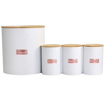 Megachef Pro Kitchen Food Storage and Organization 4 pc Argyle Canister Set in White with Bamboo Lids