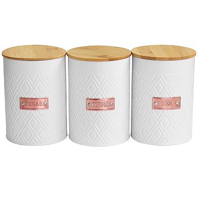 Megachef Pro Kitchen Food Storage and Organization 4Pc Argyle Canister Set in White with Bamboo Lids