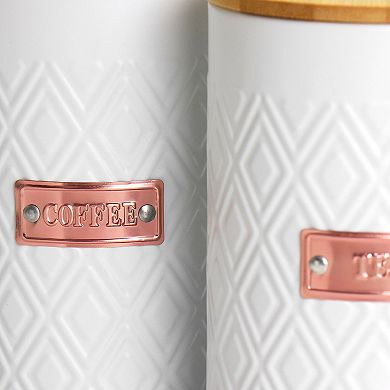 Megachef Pro Kitchen Food Storage and Organization 4Pc Argyle Canister Set in White with Bamboo Lids