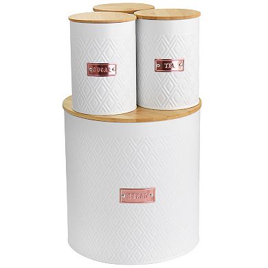 Megachef Pro Kitchen Food Storage and Organization 4Pc Argyle Canister Set in White with Bamboo Lids