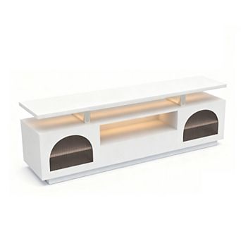 Modern TV Stand with Power Outlets and LED Lights, Adjustable Shelves, White