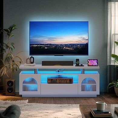 Modern TV Stand with Power Outlets and LED Lights, Adjustable Shelves, White