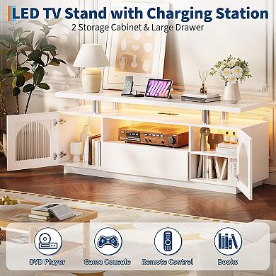 Modern TV Stand with Power Outlets and LED Lights, Adjustable Shelves, White
