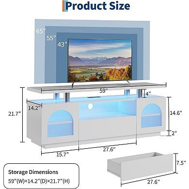 Modern TV Stand with Power Outlets and LED Lights, Adjustable Shelves, White