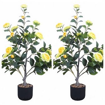 Artificial Camellia Tree in Cement Pot, Faux Floral Plant for Indoor & Outdoor Decor(2-Pack)