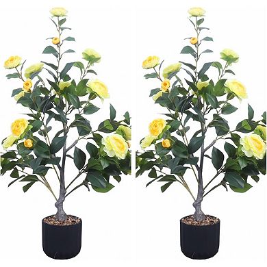Artificial Camellia Tree in Cement Pot, Faux Floral Plant for Indoor & Outdoor Decor(2-Pack)