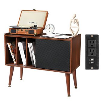 Record Player Stand with Charging Station & USB Ports, Large Storage, Brown