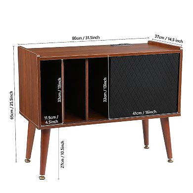 Record Player Stand with Charging Station & USB Ports, Large Storage, Brown