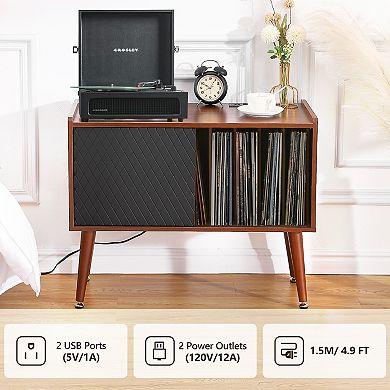 Record Player Stand with Charging Station & USB Ports, Large Storage, Brown