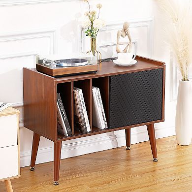 Record Player Stand with Charging Station & USB Ports, Large Storage, Brown