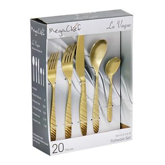 Megachef La Vague 20 pc Flatware Utensil Set, Stainless Steel Silverware Metal in Matte Gold