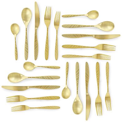 Megachef La Vague 20 Piece Flatware Utensil Set, Stainless Steel Silverware Metal in Matte Gold